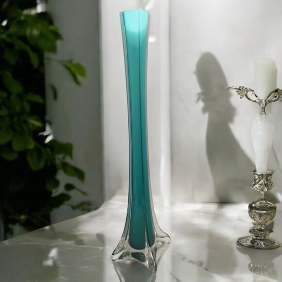 Vintage Soliflore Hand Blown Glass Vase-Light Turquoise 4-Sided Thin Square- MCM - Picture 4 of 12